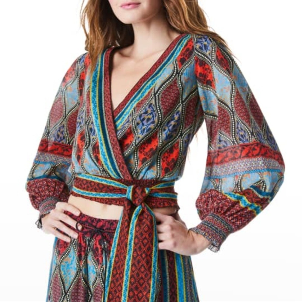 Alice + Olivia Blouse Womens Medium Multicolor Geometric Chiffon Wrap Crop Boho